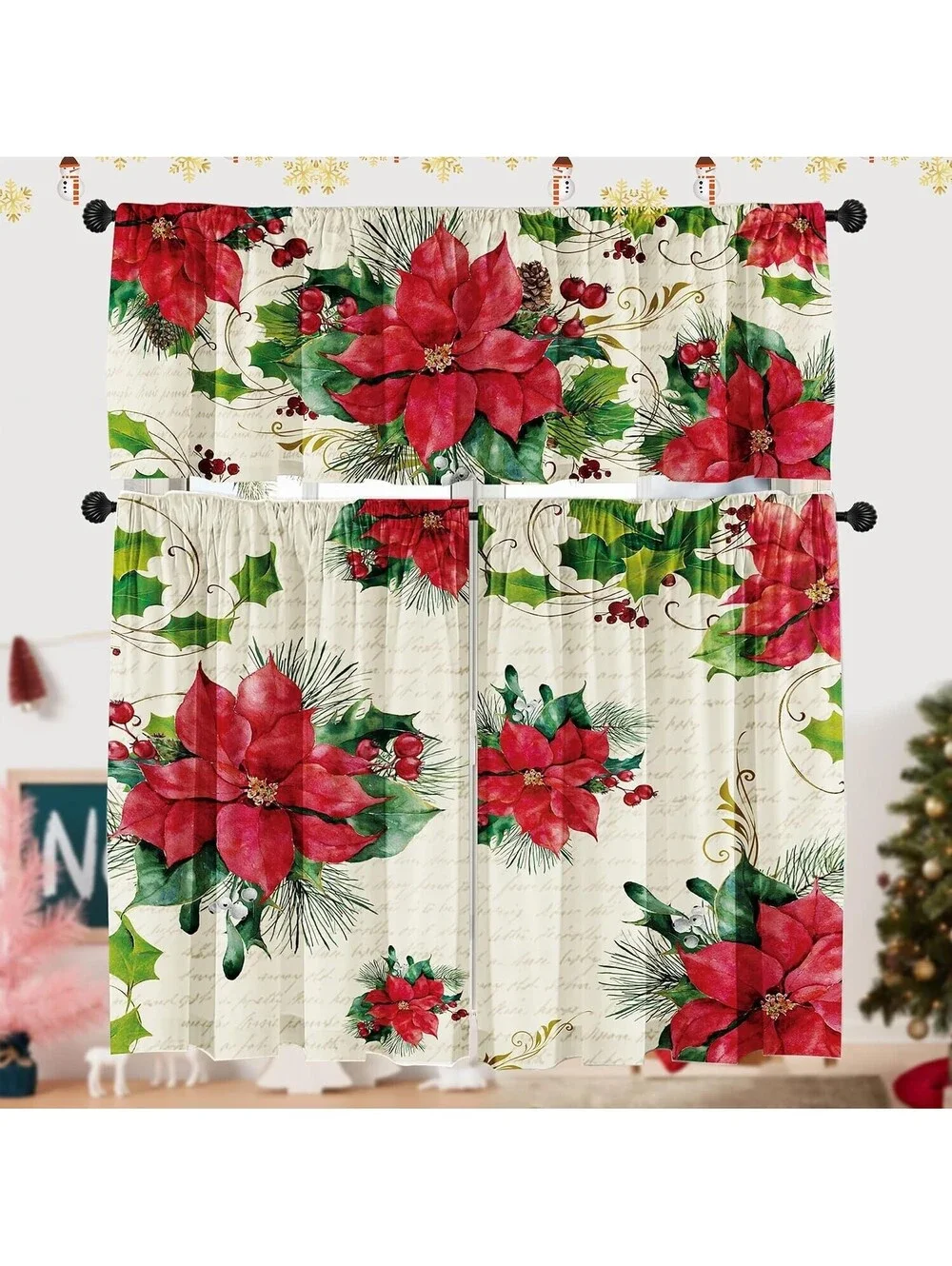 Poinsettia Christmas Curtain Valances Set, Upper & Lower Curtains